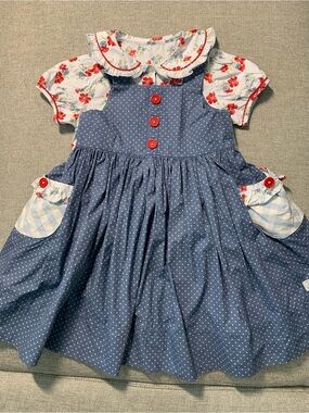 5-6y Blue Polka Dot Girls Jumper/ dress with Floral shirt and piggie bows
